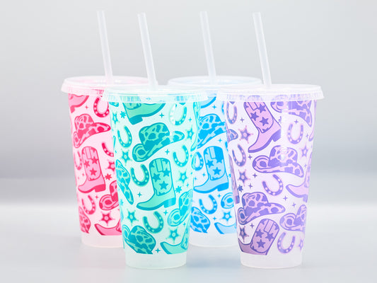 Cowboy Cow girl Custom Cold Cup | Glitter Tumbler 700ml | Matching Lid & Straw | Rodeo | Cowboy Boots | Cowboy Hat |