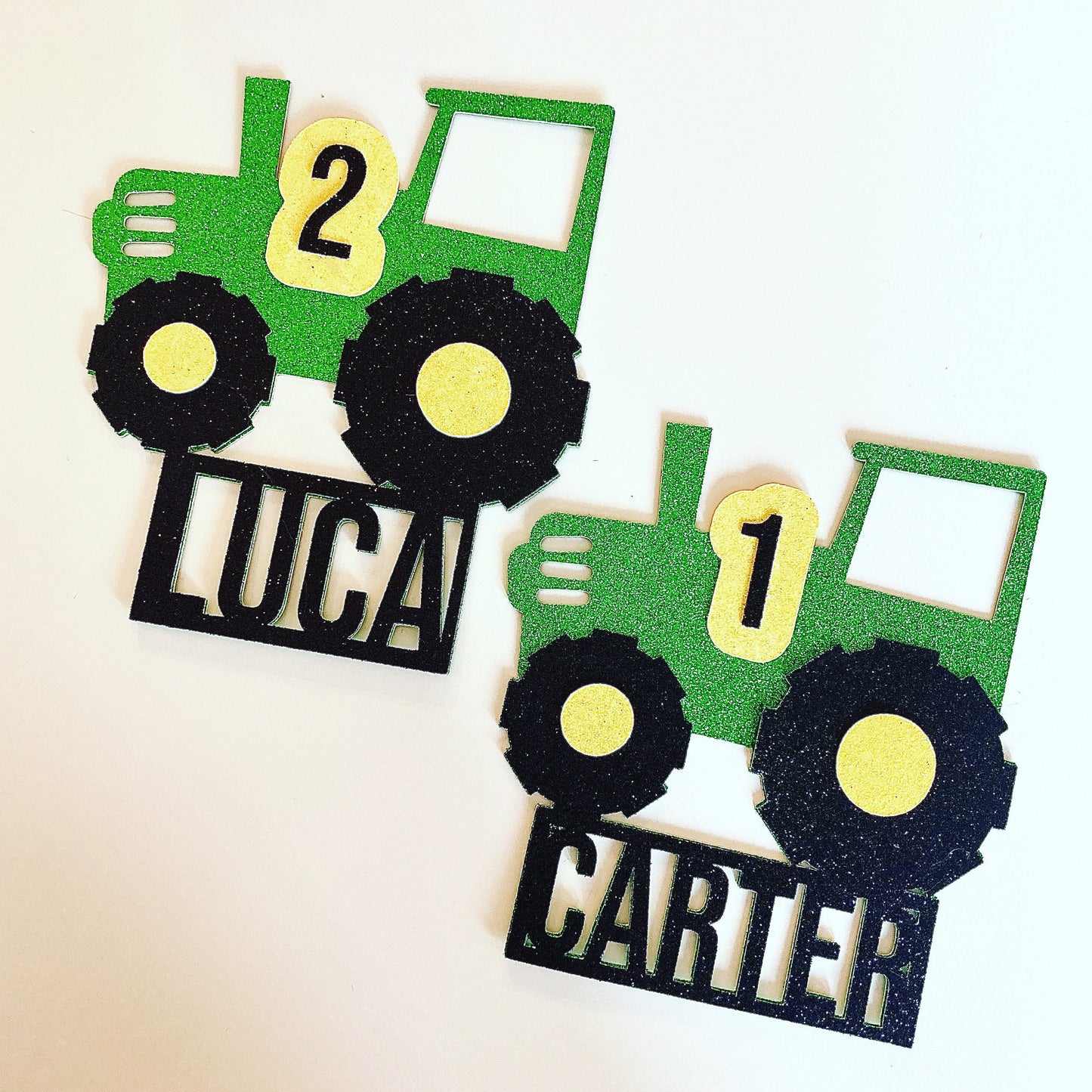 Tractor Farm Vehicle Glitter Personalised Custom Layered 3D Cake Topper | Any Name/Age | Green/ Black/Yellow or Red/Black/Silver