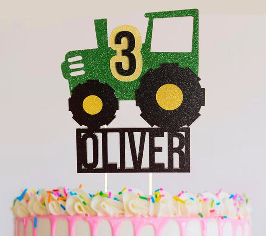 Tractor Farm Vehicle Glitter Personalised Custom Layered 3D Cake Topper | Any Name/Age | Green/ Black/Yellow or Red/Black/Silver