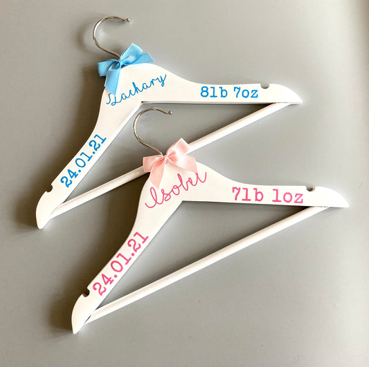 Personalised Custom Baby Child Kids White Wooden Clothes Hanger | New Baby | Name | Date of Birth | Weight | Christening | Baptism | Gift |