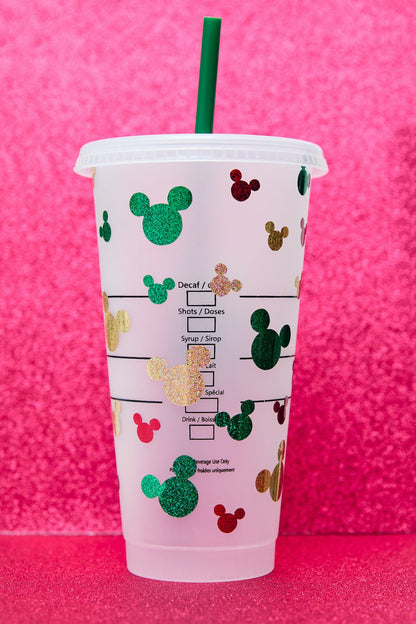 Customised Christmas Mickey Minnie Mouse Disney Starbucks INSPIRED Venti 24oz Cold Cup | Layered Glitter/Sparkle Vinyl | Minnie Bow