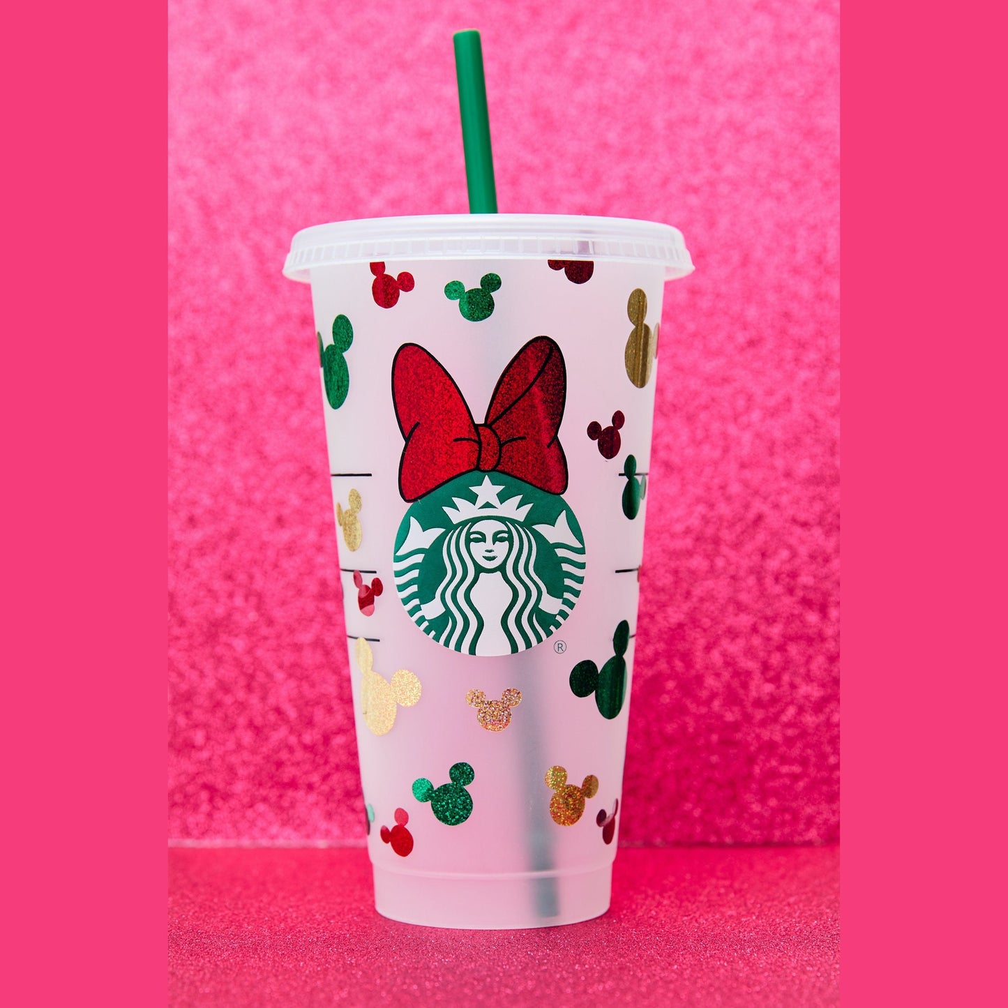 Customised Christmas Mickey Minnie Mouse Disney Starbucks INSPIRED Venti 24oz Cold Cup | Layered Glitter/Sparkle Vinyl | Minnie Bow