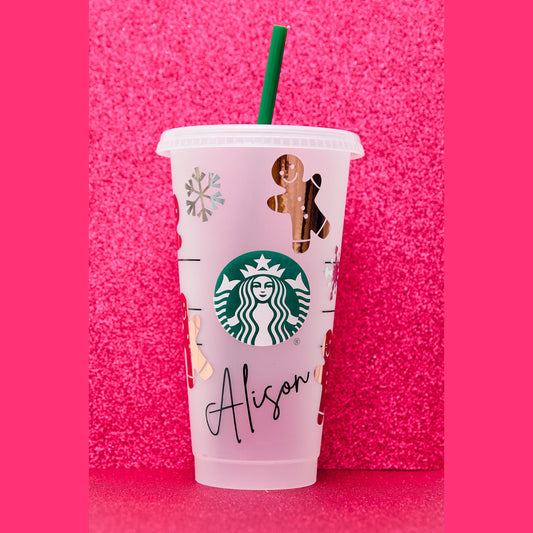 Personalised Christmas Festive Gingerbread Snowflake Metallic Starbucks INSPIRED Venti 24oz Cold Cup | Any Name | Tumbler | Customised