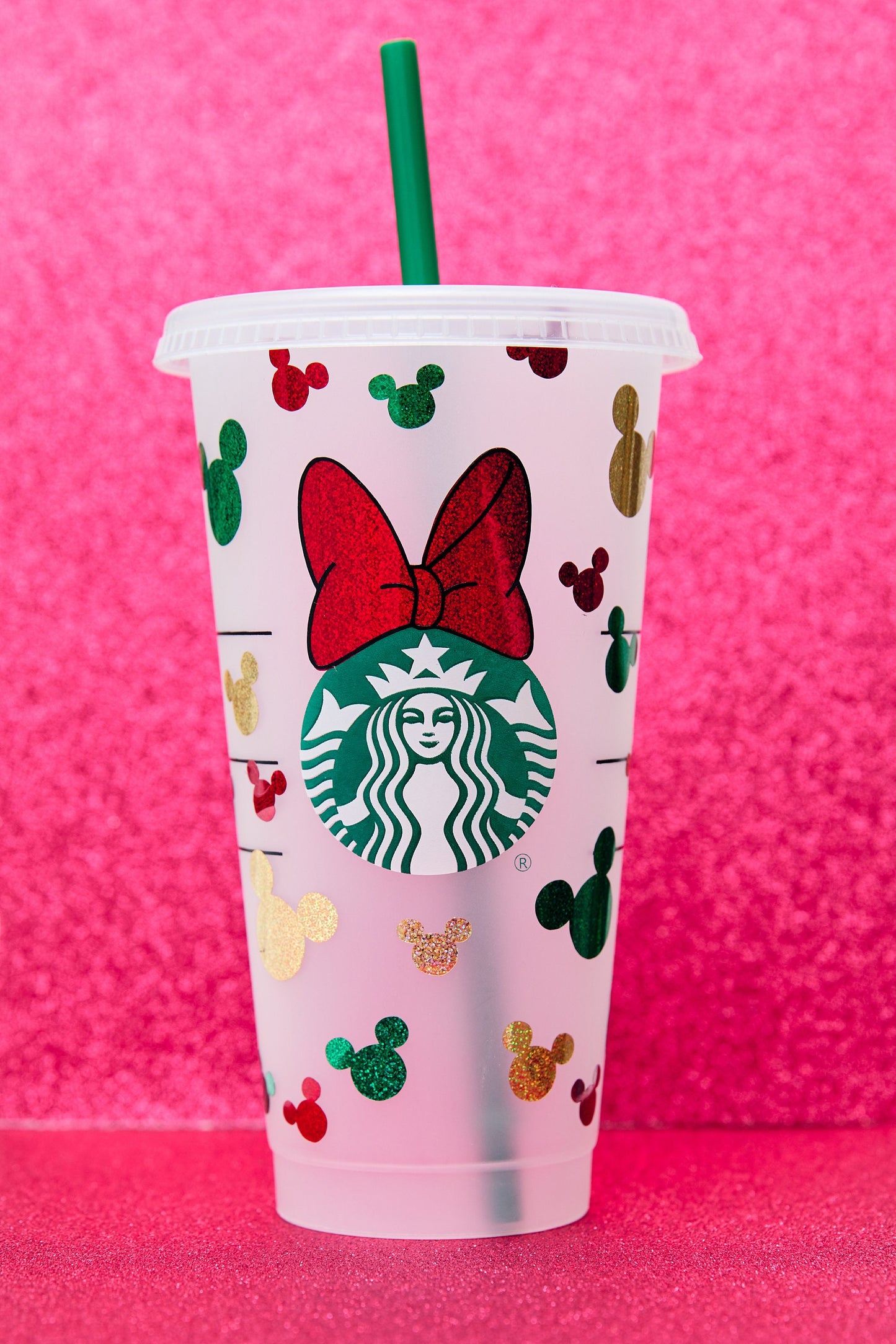 Customised Christmas Mickey Minnie Mouse Disney Starbucks INSPIRED Venti 24oz Cold Cup | Layered Glitter/Sparkle Vinyl | Minnie Bow