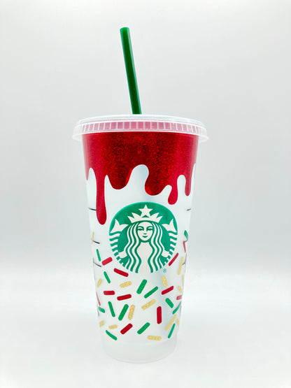 Customised Christmas Festive Donut Sprinkle Drip Red Green Gold Glitter Starbucks INSPIRED Venti 24oz Cold Cup | Tumbler | Christmas Gift