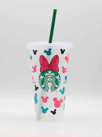 Customised Mickey Minnie Mouse Disney Starbucks INSPIRED Venti 24oz Cold Cup | Layered Pink/Blue Glitter/Sparkle Vinyl | Minnie Bow