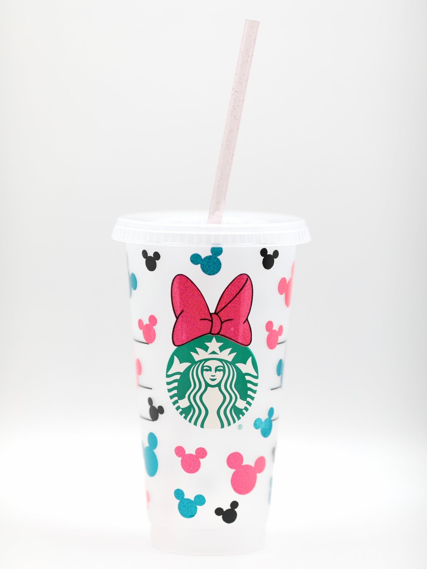 Customised Mickey Minnie Mouse Disney Starbucks INSPIRED Venti 24oz Cold Cup | Layered Pink/Blue Glitter/Sparkle Vinyl | Minnie Bow