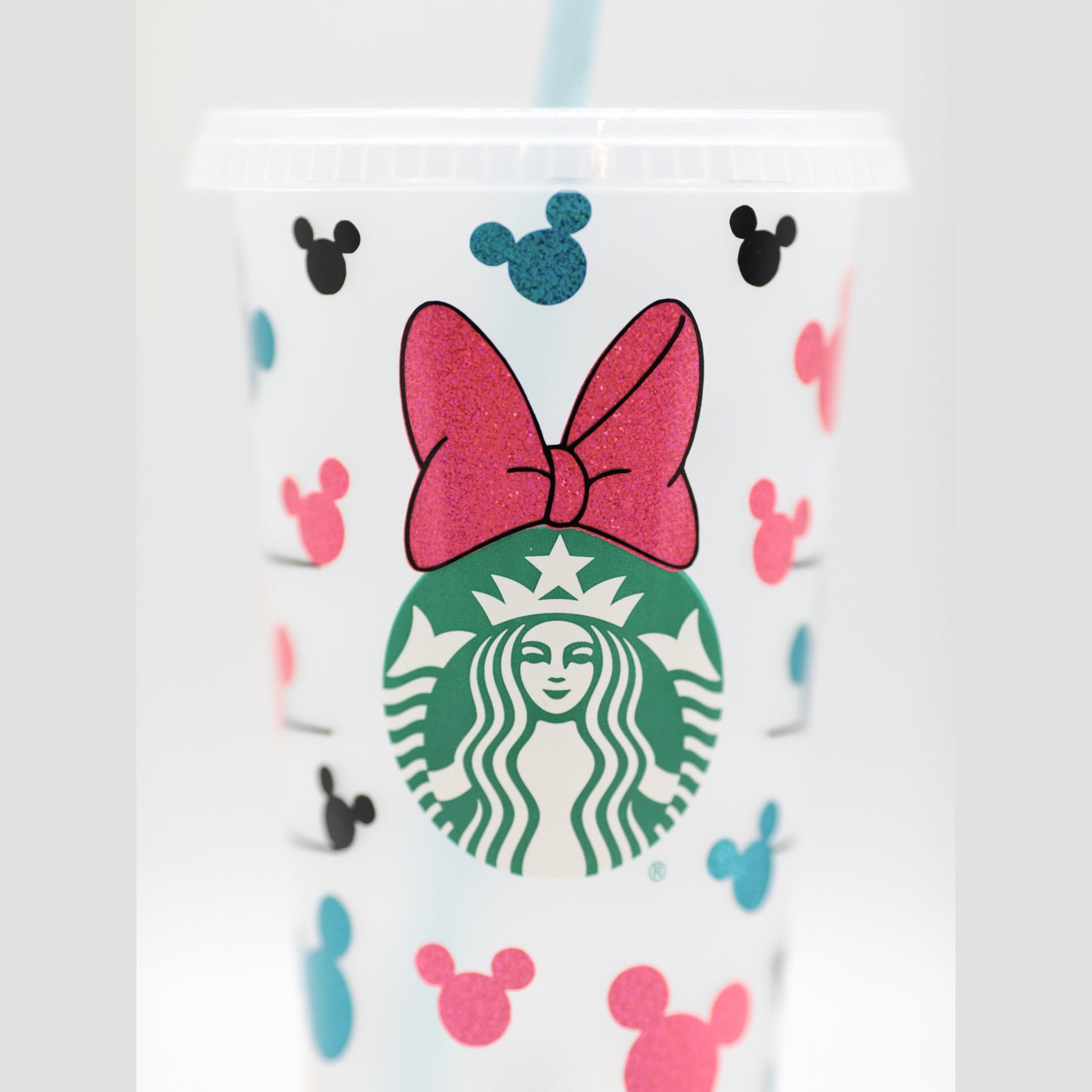 Customised Mickey Minnie Mouse Disney Starbucks INSPIRED Venti 24oz Cold Cup | Layered Pink/Blue Glitter/Sparkle Vinyl | Minnie Bow