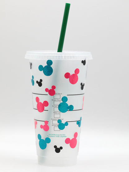 Customised Mickey Minnie Mouse Disney Starbucks INSPIRED Venti 24oz Cold Cup | Layered Pink/Blue Glitter/Sparkle Vinyl | Minnie Bow