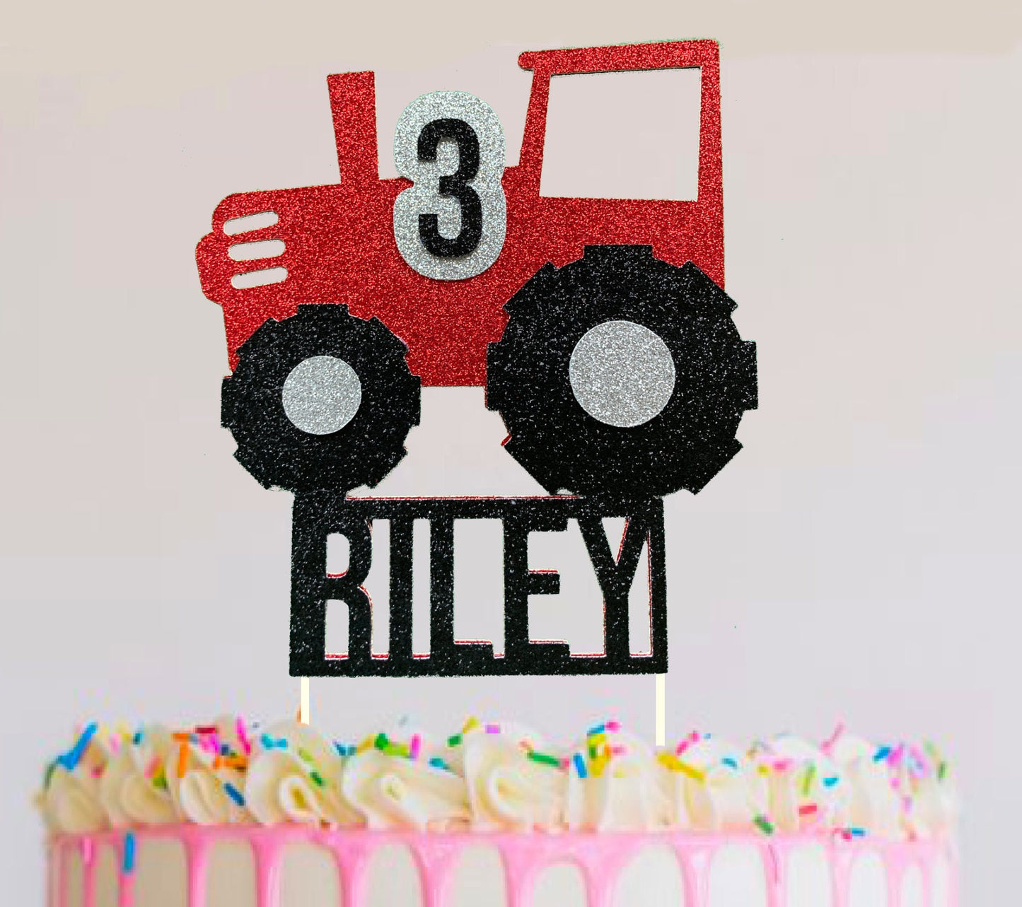 Tractor Farm Vehicle Glitter Personalised Custom Layered 3D Cake Topper | Any Name/Age | Green/ Black/Yellow or Red/Black/Silver