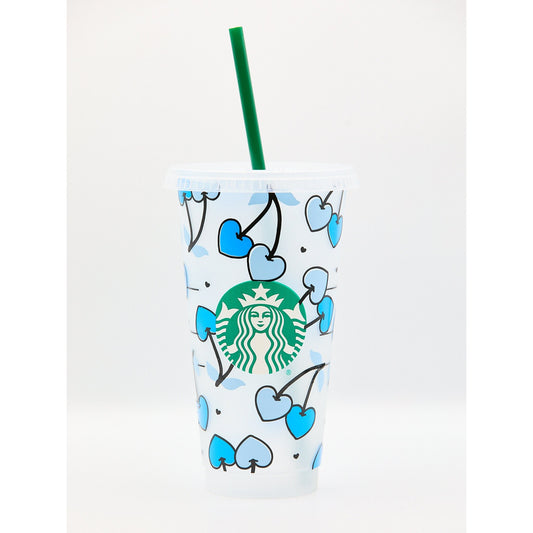 Cherry Hearts Starbucks INSPIRED Custom Cold Cup | Glitter Tumbler 700ml | Matching Lid & Straw | Love | Valentines Day | Rockabilly | Emo |