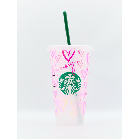 Custom Starbucks INSPIRED Hand Drawn Hearts Venti Cold Cup | 60+ colours |  Holographic | Glitter | Metallic | Any Name/Date | Mothers Day