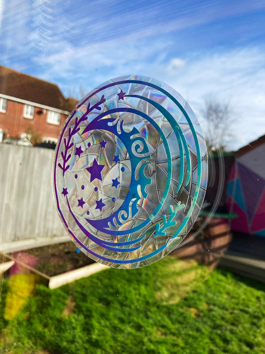 Moon Sun Catcher | Round Window Sticker | Holographic | Sparkle | Celestial | Window Cling | Decal | Home Decoration | rainbow Maker