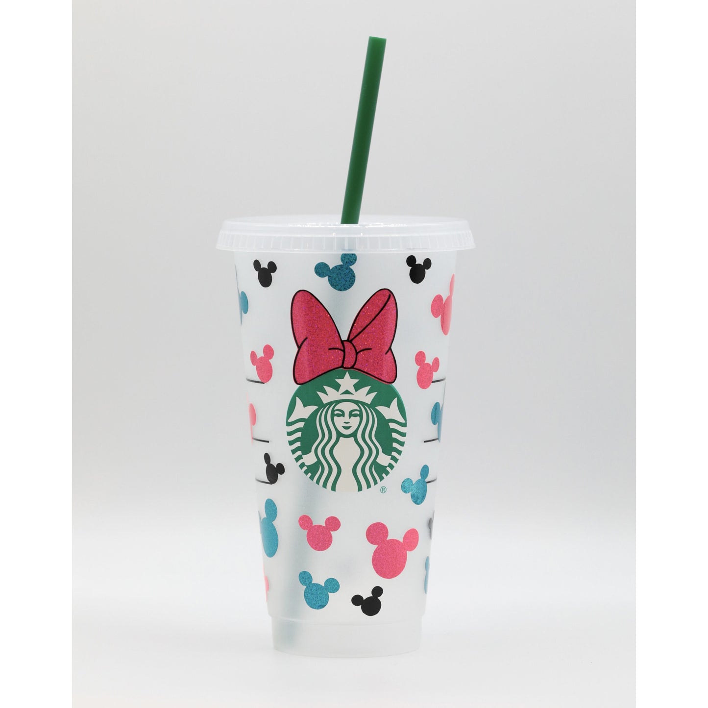 Customised Mickey Minnie Mouse Disney Starbucks INSPIRED Venti 24oz Cold Cup | Layered Pink/Blue Glitter/Sparkle Vinyl | Minnie Bow