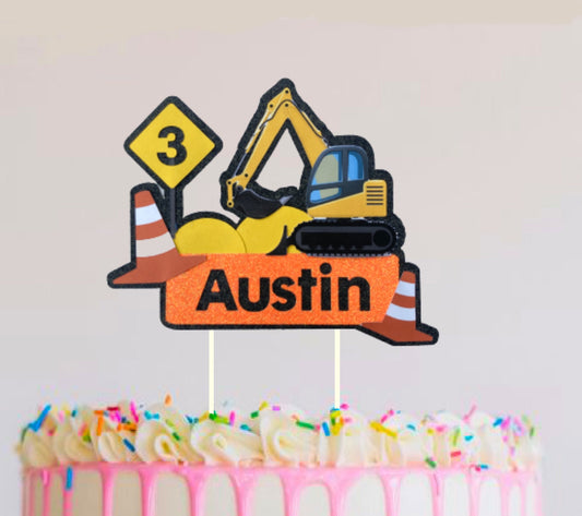 Personalised Custom Digger Cake Topper | Construction Vehicle Glitter Layered 3D Cake Topper | Any Name/Age | Road Sign |