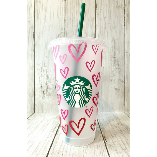 Personalised Ombre Hearts Pink to Red Starbucks INSPIRED Venti 24oz Custom Cold Cup | Hand Drawn | Love | Gift | Customised |