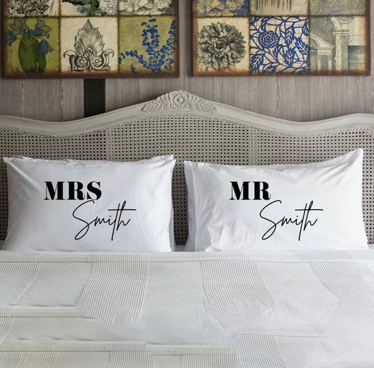 Custom Personalised Mr & Mrs Matching Pillowcase Pair | Matching Set | Wedding Gift | Bride and Groom | 20+ colour choices