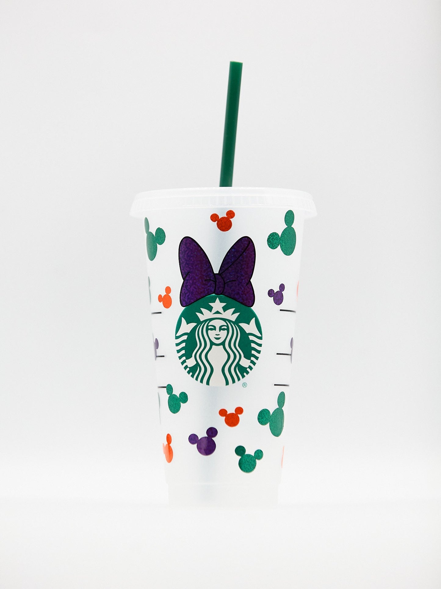 Customised Mickey Minnie Mouse Disney Starbucks INSPIRED Venti 24oz Cold Cup | Layered Purple/Green/Orange Glitter/Sparkle | Minnie Bow