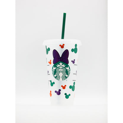 Customised Mickey Minnie Mouse Disney Starbucks INSPIRED Venti 24oz Cold Cup | Layered Purple/Green/Orange Glitter/Sparkle | Minnie Bow