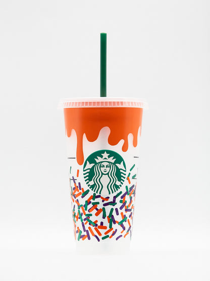 Starbucks INSPIRED Halloween Doughnut Donut Drip Sprinkles Venti 24oz Cold Cup | Orange/Green/Purple Glitter | Reusable | Influencer |