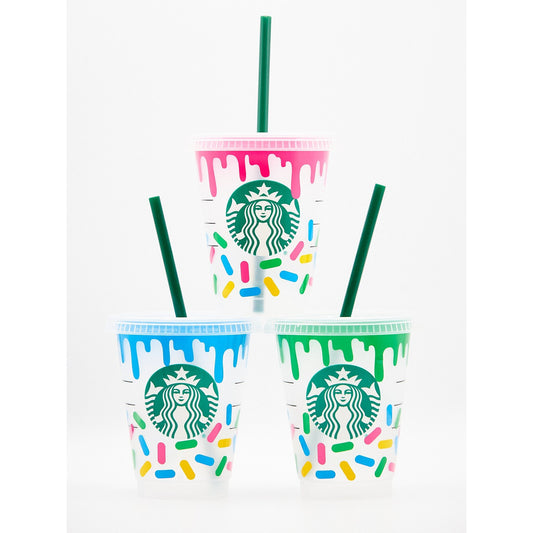 Kids Mini Starbucks INSPIRED Doughnut Donut Drip Sprinkles Grande 16oz Cold Cup | Choose from Blue, Green or Pink | Reusable | Influencer |