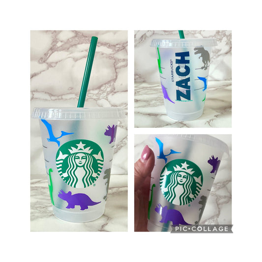 Kids Mini Starbucks INSPIRED Personalised Name with Dinosaurs 16oz Grande Cold Cup | T Rex | Pterodactyl | Triceratops | Brontosaurus |