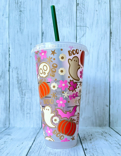 Custom Starbucks INSPIRED Venti Cold Cup | Spooky Boho Pumpkin Skulls Bats | Pumpkin Spice Latte | Ghosts | Cute Girly | Friend Gift |