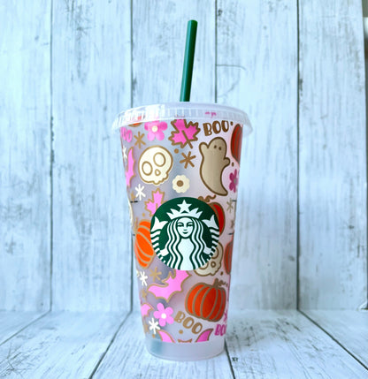 Custom Starbucks INSPIRED Venti Cold Cup | Spooky Boho Pumpkin Skulls Bats | Pumpkin Spice Latte | Ghosts | Cute Girly | Friend Gift |